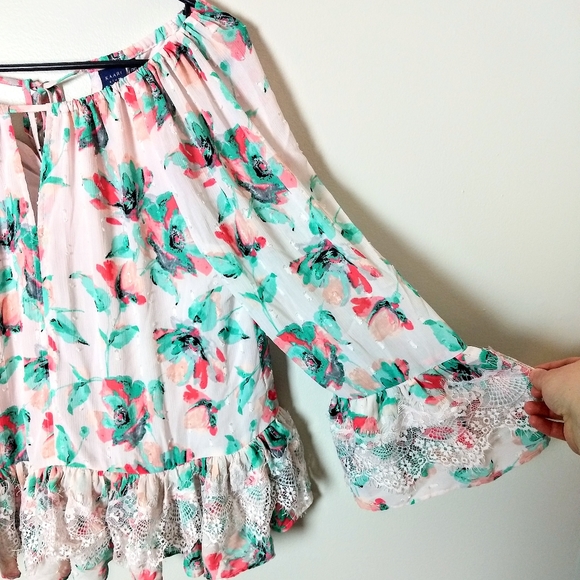 Kaari Blue Light Pink Floral Ruffle Lace Blouse - Picture 2 of 6